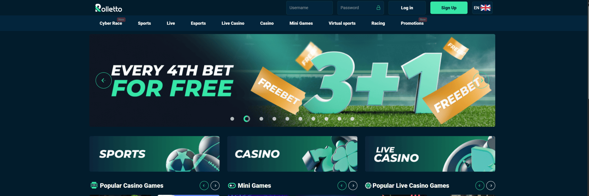 Screenshot of the Rolletto Casino website